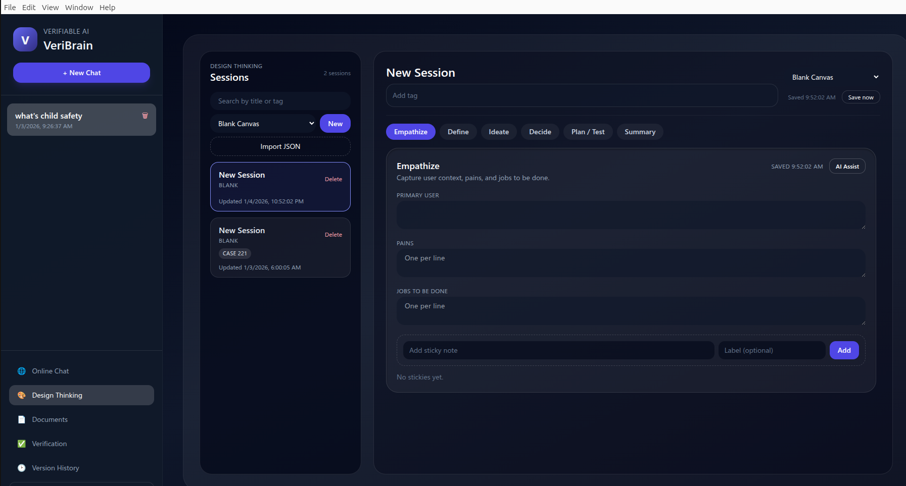 Design thinking flow workspace in VeriBrain